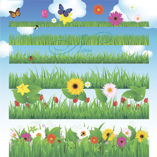 Клипарт - Трава, цветочки, бабочки, пчелка, божья коровка на прозрачном фоне